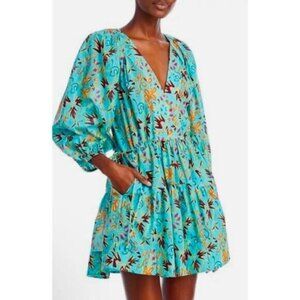 NEW A.L.C. Sally Printed Cotton Cinch-Tie Pullover Mini Dress Blue Size: 6